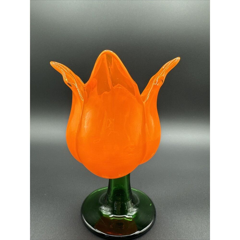 Blown Glass Tulip‎ Flower Sculpture Candleholder Orange-Colored 7" Green Stem